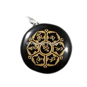 Black Agate Engraved Mani Padme Hum Pendant - Engraved Pendants