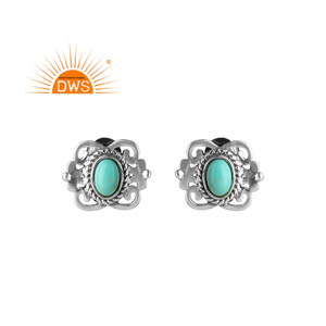 Bohemia Design Oxidized 925 Sterling Silver Bezel Setting <b>Earrings</b> Arizona <b>Turquoise</b> Gemstone Women's Unisex <b>Stud</b> Party Gift - Product Image 1