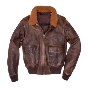 Blouson en cuir véritable brun de vol pour hommes blouson aviateur col en fourrure de pilote blouson en cuir