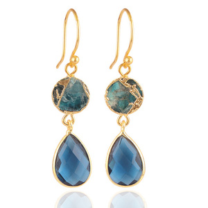 Mohave Apatita Cobre Turquesa Con London Blue Quartz Pendiente Latón chapado en oro doble piedra preciosa declaración pendiente para mujer - Product Image 1
