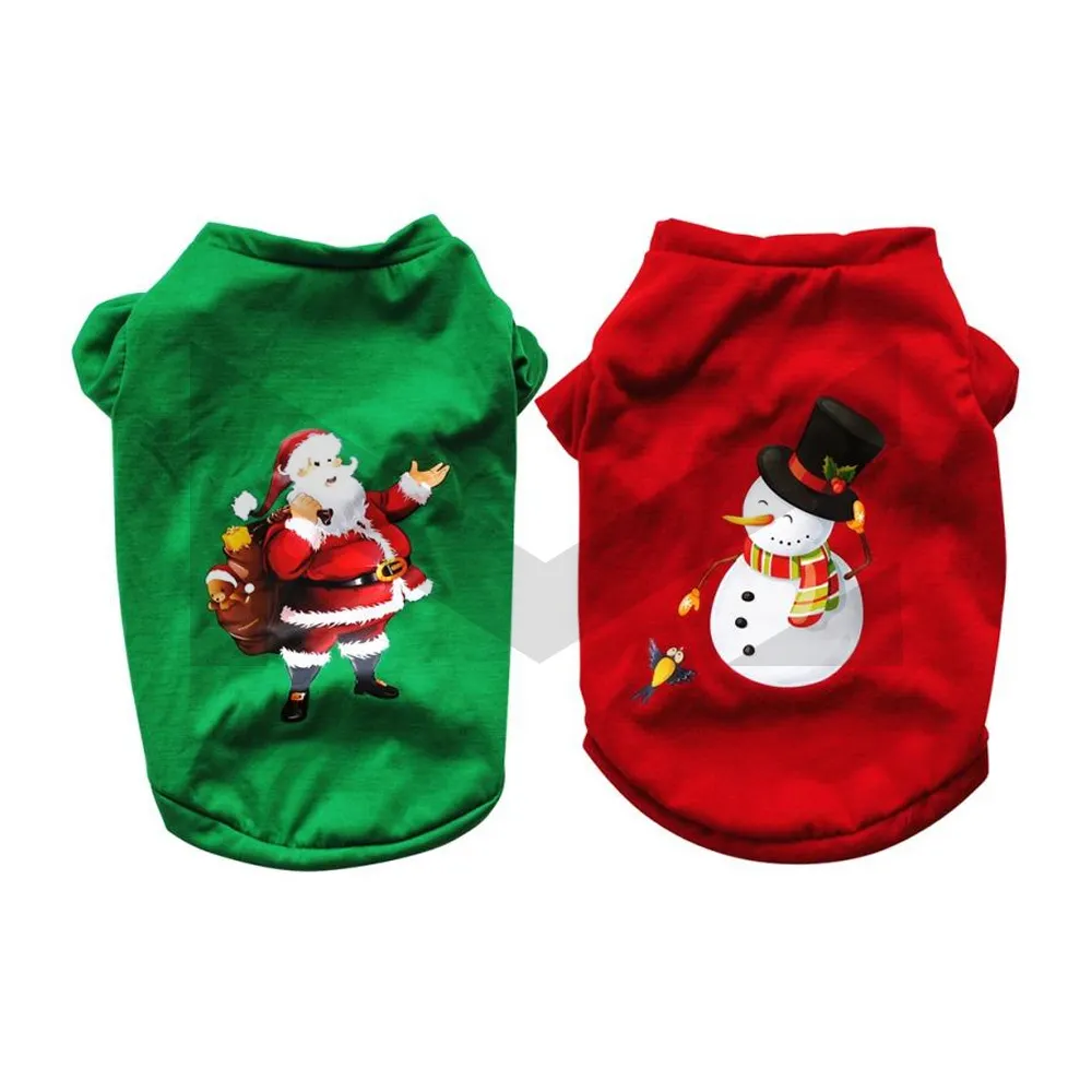 पालतू कुत्ता गर्म टी शर्ट क्रिसमस स्नोमैन पैटर्न आरामदायक सांस कपास टी शर्ट बिल्ली बनियान पालतू कपड़े लाल और हरे रंग टीज़