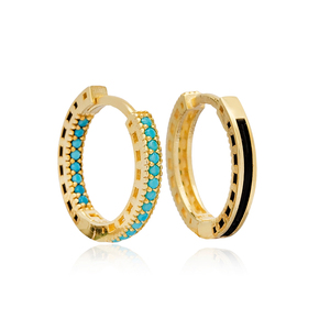 <b>Turquoise</b> Stone 15 mm <b>Hoop</b> Elegant Black Enamel Design <b>Earrings</b> Turkish 925 Sterling Silver Jewelry - Product Image 6