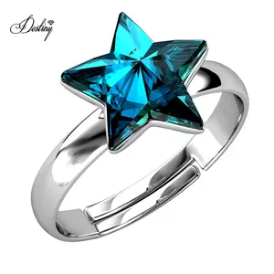 Sterling Silver 925 Premium Austrian Crystal Jewellery Blue Color Shiny Star Patrick Ring Best Christmas Gift Destiny Jewellery