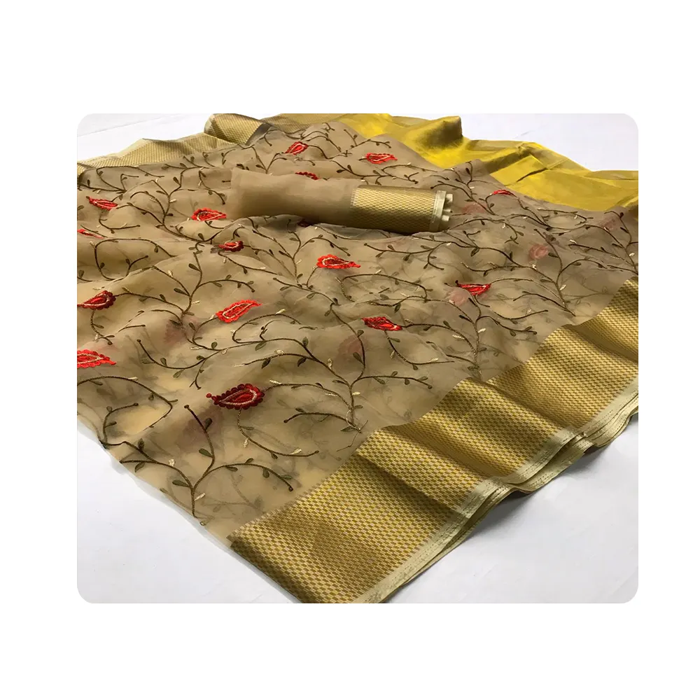 Saree-trabajo manual con tejido y borde dorado pesado, bonito, venta al por mayor de India