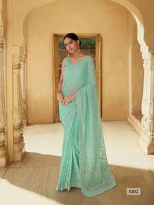 Xinh Xắn Thủ Công Chikankari Và Mukaish Jaal Saree Trong Candescent Pista - Product Image 5