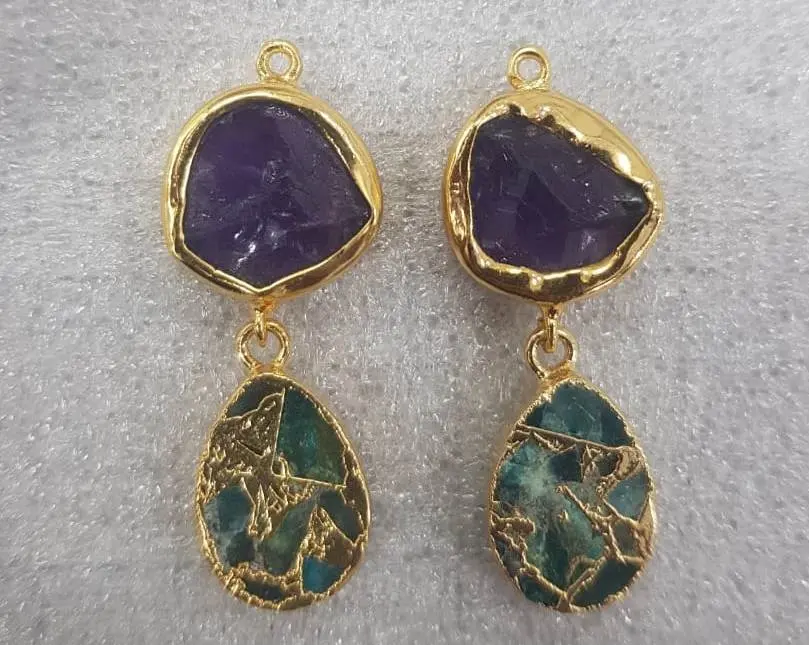 Pendientes de moda para niñas y mujeres, joyería de piedras preciosas de amatista púrpura y turquesa copar, aretes chapados en oro de 24k