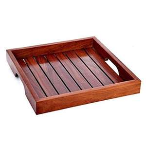 Elegant Uniquely Designed Wooden Serving <b>Tray</b> with Floral Pattern Featuring Stylish Metal Handles for <b>Food</b> Serving - Product Image 5