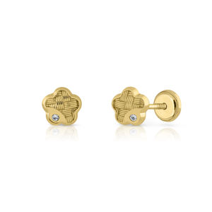 Pendientes de moda de oro sólido de 9K para mujer y niño, 10K, 14K, 18K, flor de CZ, Clip para la oreja, tornillo trasero hecho en España - Product Image 1