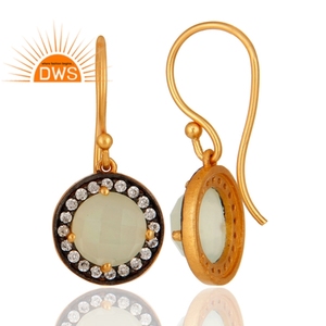 Boucles d'oreilles pendantes en argent sterling 925 plaqué or avec pierres précieuses rondes de calcédoine préhnite, tendance pour mariage et soirée - Product Image 3