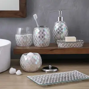 KMwares Mosaik Dekoratif Kaca Kamar Mandi Aksesoris Set 6PCs-Set Lengkap Termasuk Hande & Soap Dispenser Kapas Jar & Jatuh