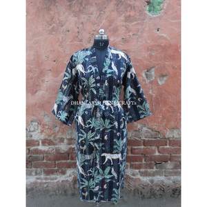 Robe Maxi noire Style Kimono Kantha, peignoir 100% coton, gros vêtement de nuit matelassé à la main, imprimé écran Jungle, vente en gros - Product Image 3
