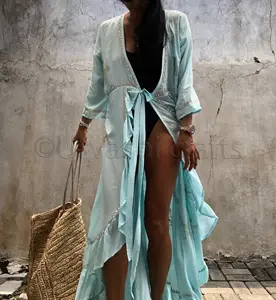 Kimono Dài Tay Thêu Hoa Thời Trang, Kimono Đi Nghỉ Hè Dài Tay Xếp Nếp