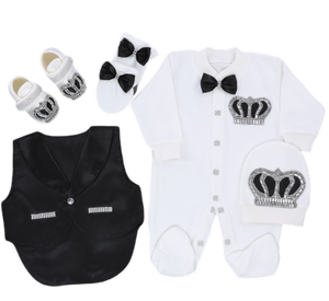 Vente en gros de barboteuse à manches longues en coton tricoté pour nouveau-né, ensemble de 5 pièces noir de haute qualité, collection printemps - Product Image 1