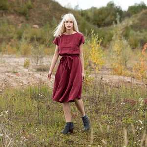 Vestido de lino de manga corta para mujer, tejido de crepé de color arrugado, cuello redondo, longitud hasta la rodilla, 100% - Product Image 2