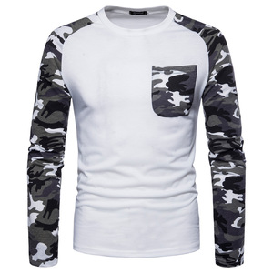 เสื้อยืดพิมพ์ลายทาง Raglan Camo 3/4สีขาวเสื้อยืดผู้ชายสไตล์มีกระเป๋าด้านหน้าเสื้อยืดผ้าคอตตอนทรงลำลอง - Product Image 1