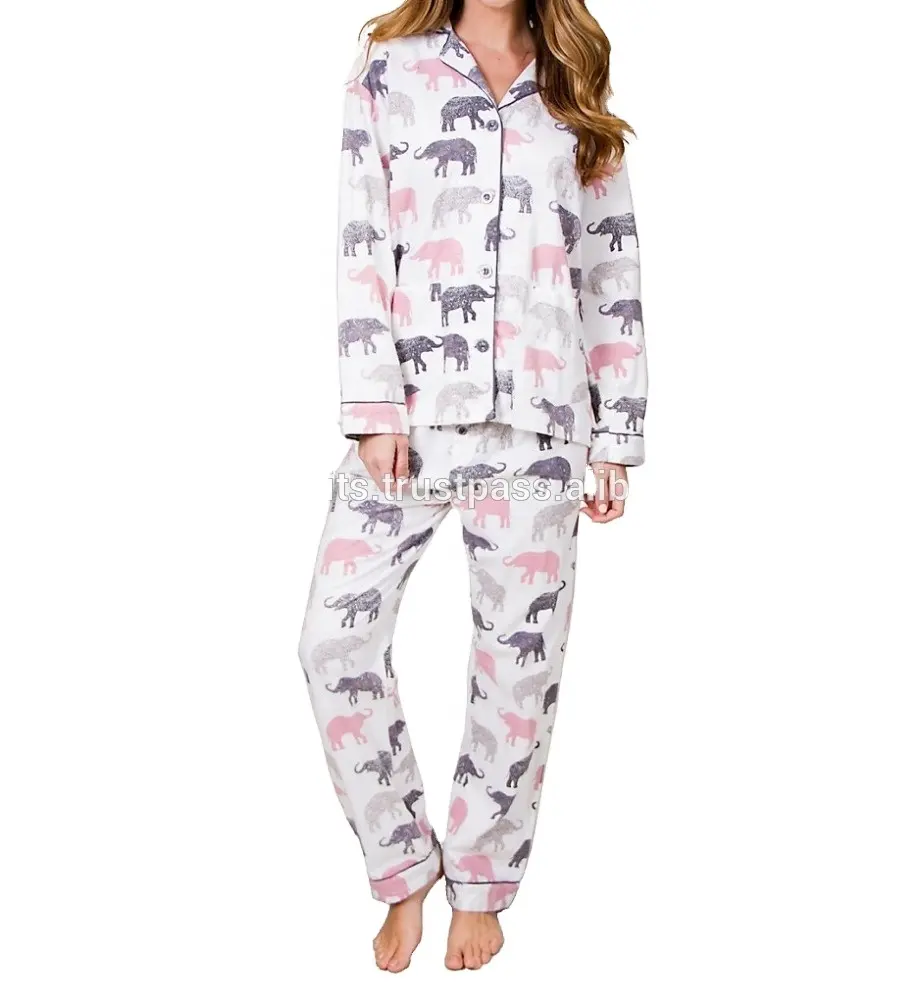 Elefanten bedruckte Damen paspel detailliertes klassisches Pyjama-Set Baumwolle Vintage Nachtwäsche Custom Ladies Lounge wear Pyjama-Set
