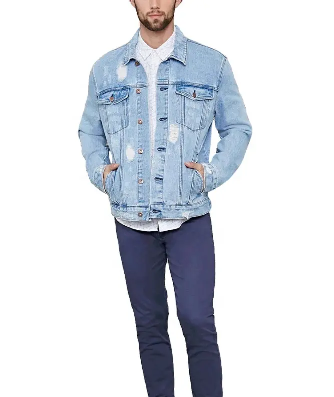 Индивидуальная мужская голубая рваная джинсовая куртка, OEM дизайн от производителя, индивидуальная Мужская джинсовая куртка