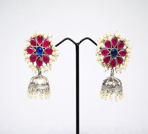 wholesale artifical designer fashion brass silver look alike flower design stud jhumka earings for women and girls - Product Image 3