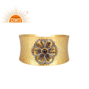Indian Gold Plated Sterling <b>Silver</b> <b>Cuff</b> Bangle Jewelry Supplier Zirconia Smoky Quartz Statement <b>Cuff</b> Bangle for Women's Jewelry - Product Image 1