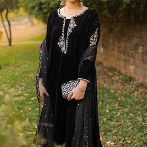 NEW---BEAUTIFUL EMBROIDERY WITH CRYSTAL GLASS BEADS,DABKA,WORK on BLACK VELVET KAMEEZ ,PANT DRESS for Party-WEAR /WEDDING@ 2022 - Product Image 1