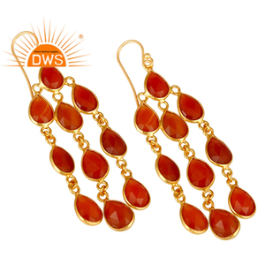 Designer indien plaqué or argent rouge Onyx pierre précieuse lustre goutte boucle d'oreille pour les femmes cadeau pour sa collection délicate - Product Image 2