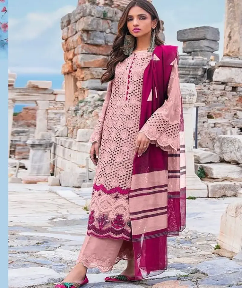 Pakaian Etnik India Katun Combaric dengan Setelan Chikan Kari Work Salwar Kameez Suit dengan Sifon Dupatta untuk Wanita Gaya Pakistan