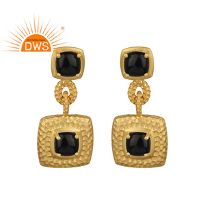 Prong <b>Set</b> Black Onyx Gemstone Earrings Supplier Gold Plated Textured 925 Silver Dangle Earrings Jewelry Classic Collection - Product Image 1