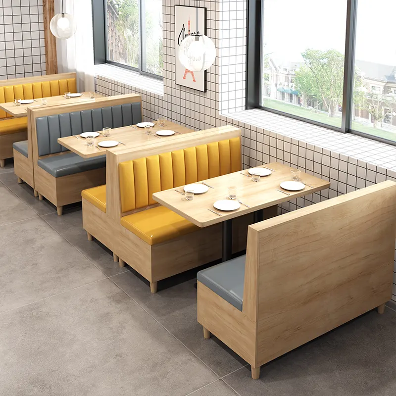 Yeni tasarım restoran mobilya setleri sandalye masaları restoran kabinleri çeşitli renkler restoran ahşap Modern Panel PU deri