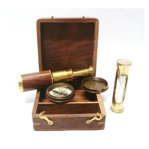 Brass Nautical Telescope Compass and Sextant Corporate Gifts Wooden Box On Hot Sale