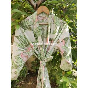 Ivory Floral Hand Block Print Hippie Bohemian Style Maxi Robe Gown <b>Kimono</b> Indian Summer Nighty Sleepwear for Women Wholesale - Product Image 3