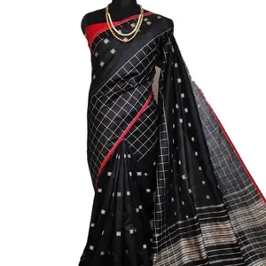 Stunning Black And Red Pure rich Indian Cotton Fabric With Silk Fabric Beautiful Printed Saree With Unstitched Blouse for women