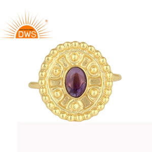 Hand Craved Gold Plated <b>Silver</b> Stackable <b>Ring</b> Designer Natural Amethyst Gemstone <b>Rings</b> Wholesale - Product Image 1