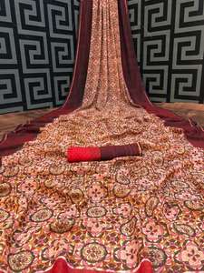 Nouveautés vêtements de fête broderie avec sari lourd en pierre avec chemisier non cousu couleur rouge moins de bordure vêtement en tissu doux - Product Image 3