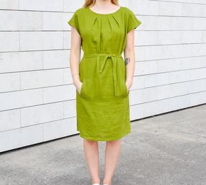 Robe en lin vert à col rond, longueur genou, avec ceinture et poches, manches courtes, coupe ample, doublure en coton brodée, tenue formelle d'été - Product Image 1