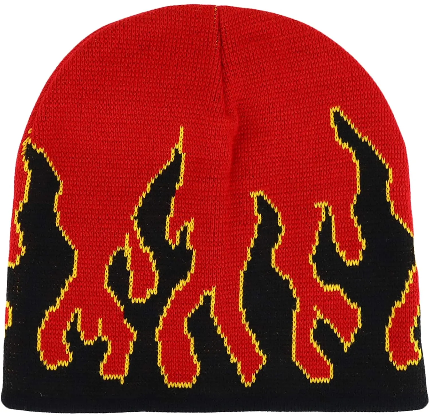 Custom Design Fire Flame Pattern Winter Short Warm Knitted Beanie Hat for Outdoor Ski Camping Hiking