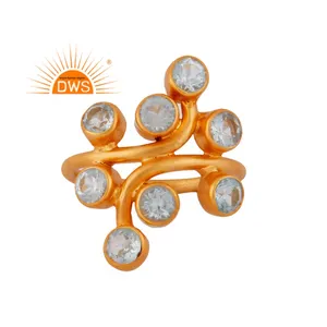 Natural Blue Topaz Gemstone Ring Designer 14 Karat Gold Plated 925 Silver Handmade Ring Jewelry Manufacturer