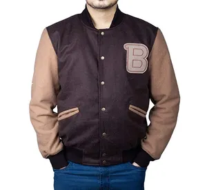 Chất Lượng Cao Tất Cả Các Len Mens Brown Varsity Letterman Áo Khoác Thư B Vá Chuyến Bay Máy Bay Ném Bom Áo Khoác Len