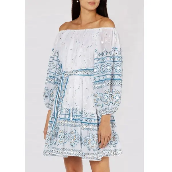 2022 Bohemian Strand Chic Mozaïek Print Spiegel Geborduurde Off Shoulder Vrouwen Jurk Feminine Fashion Trendy Hot Zomer Dagen Tuniek