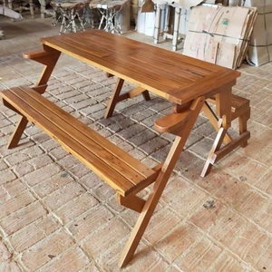 Mesa de madera de teca portátil para exteriores, Maleta de acampada y jardín, plegable, con 4 asientos de banco