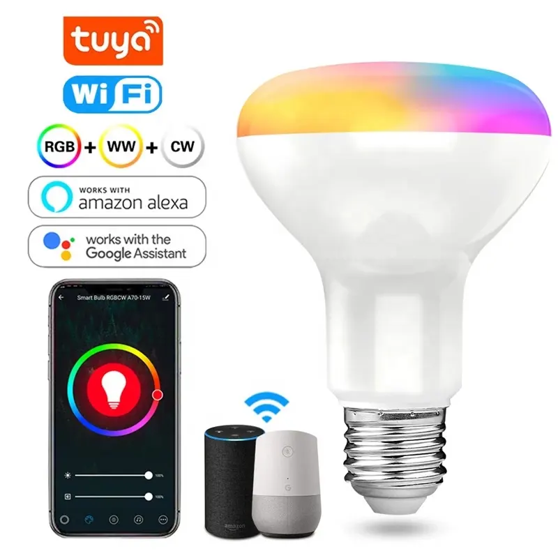 R80 Tuya Smart LED Bulb E27 15W WiFi Light Dimmable RGB+Warm+White Work with Alexa Google Home Smart Life APP Voice Control