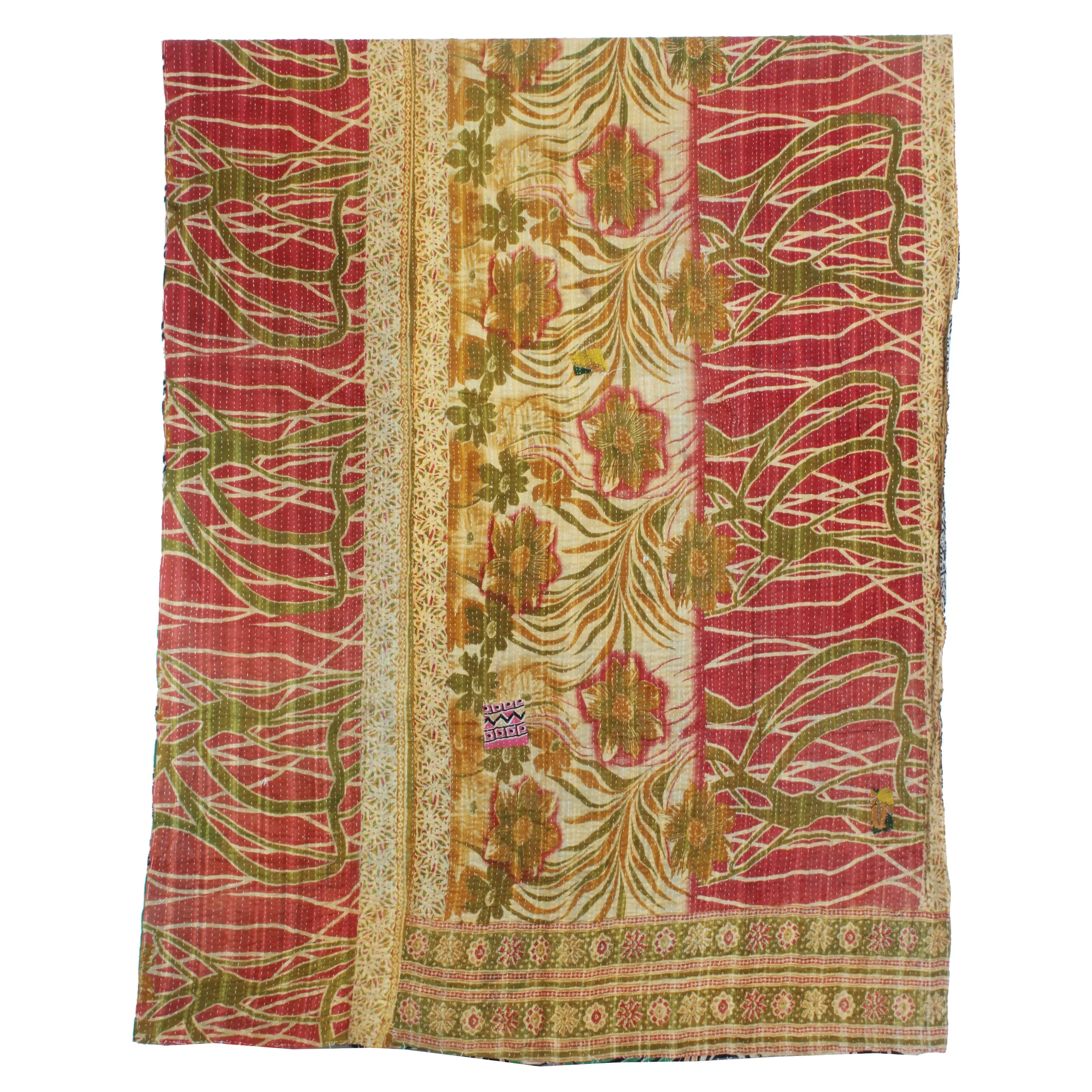 Algodón kantha trabajo edredón gudri reversible tiro estampado manta hecha a mano colcha ropa de cama India edredones decoración del hogar arte indio