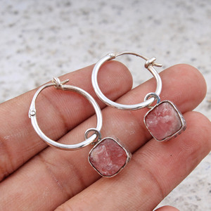 925 <b>Sterling</b> <b>Silver</b> Hoop <b>Earrings</b> With Natural Rhodochrosite Stone Bezel <b>Set</b> Geometric Minimalist Design Women's Everyday Wear - Product Image 2