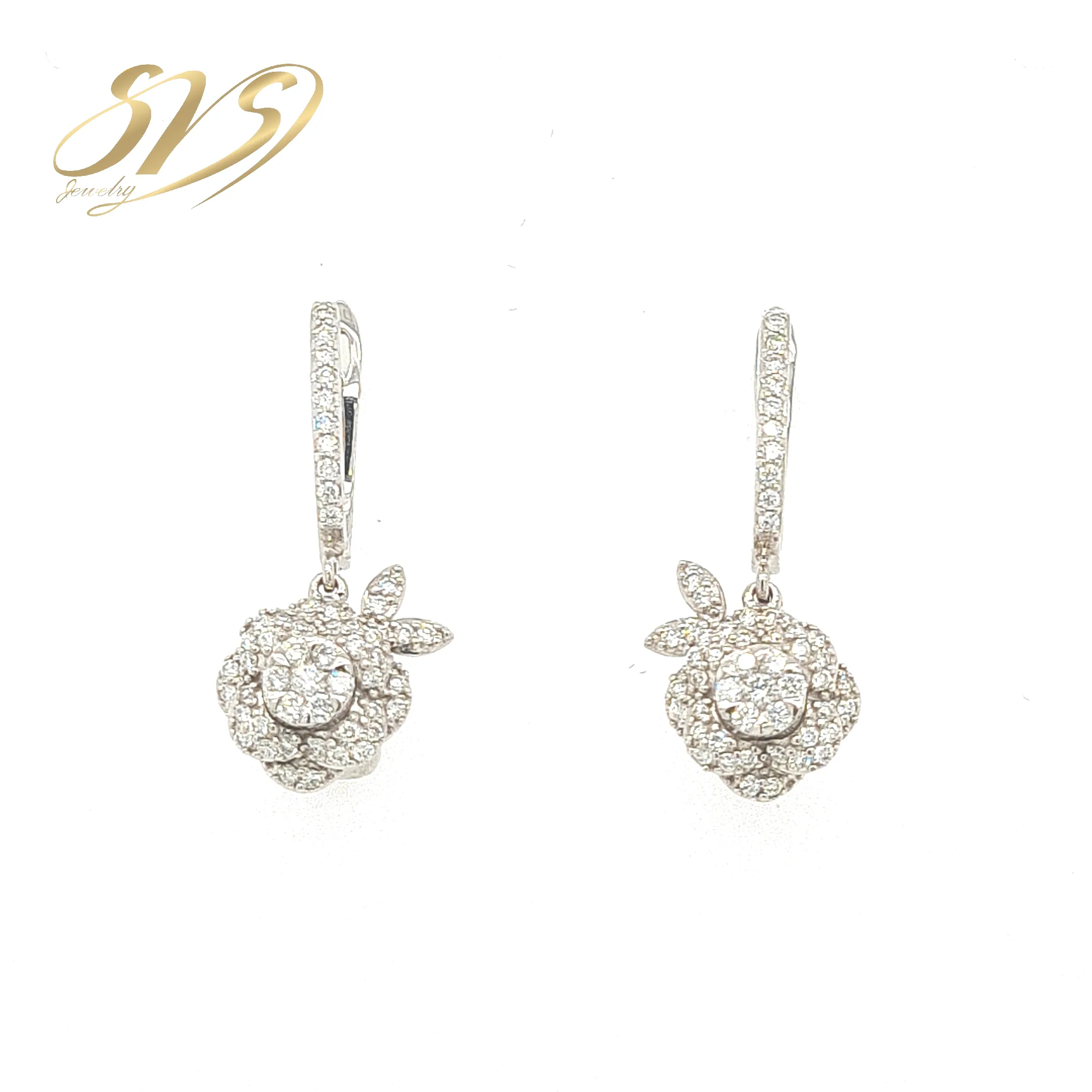 18K White Gold Cluster Flower Shape Natural Diamond Earring Jewelry jewellery