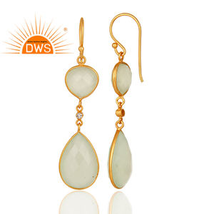 Boucles d'oreilles pendantes en argent 925 plaqué or avec pierre précieuse en calcédoine verte préhnite facettée, fabricant de bijoux - Product Image 3