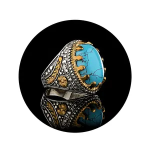 Blue Sapphire Ring Mannen Natuursteen Ring 925 Sterling Zilveren Turkse Stijl Ring Voor Mannen