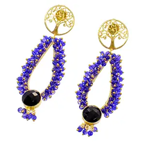 Black onyx ink blue glass gemstone beaded designer wedding wear chandelier earring