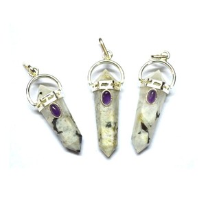 Achetez en ligne des pendentifs double pointe en pierre de lune arc-en-ciel : Pendentifs double pointe en pierre de lune arc-en-ciel en vente - Product Image 1