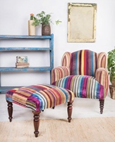 Ensemble Fauteuil et Tabouret en Velours Rayé Style Aile Traditionnel Moderne, Housse en Coton Faite Main Écologique, Pieds en Bois, Portable pour Salon