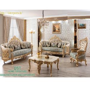 Juego de Sofás de Madera de Teca Tallada a Mano Estilo Francés, Duradero, Color y Tamaño Personalizables, Acabado Dorado y Blanco - Product Image 1