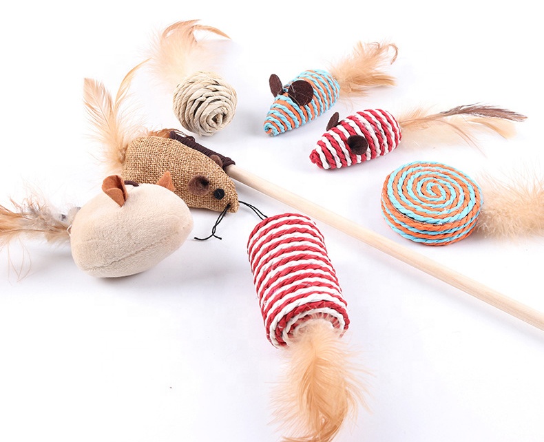 Новый дизайн, оптовая продажа, маленький светлый игрушечный тизер для домашних животных, игрушки-наклейки для кошек, 7 шт., набор игрушек для кошек с перьями